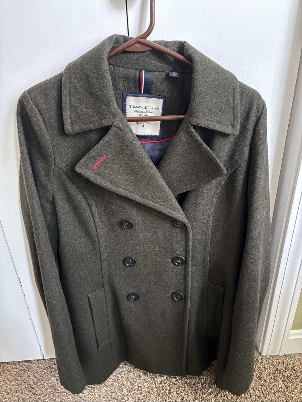 Tommy Hilfiger Women’s Olive Double-Breasted Wool Peacoat